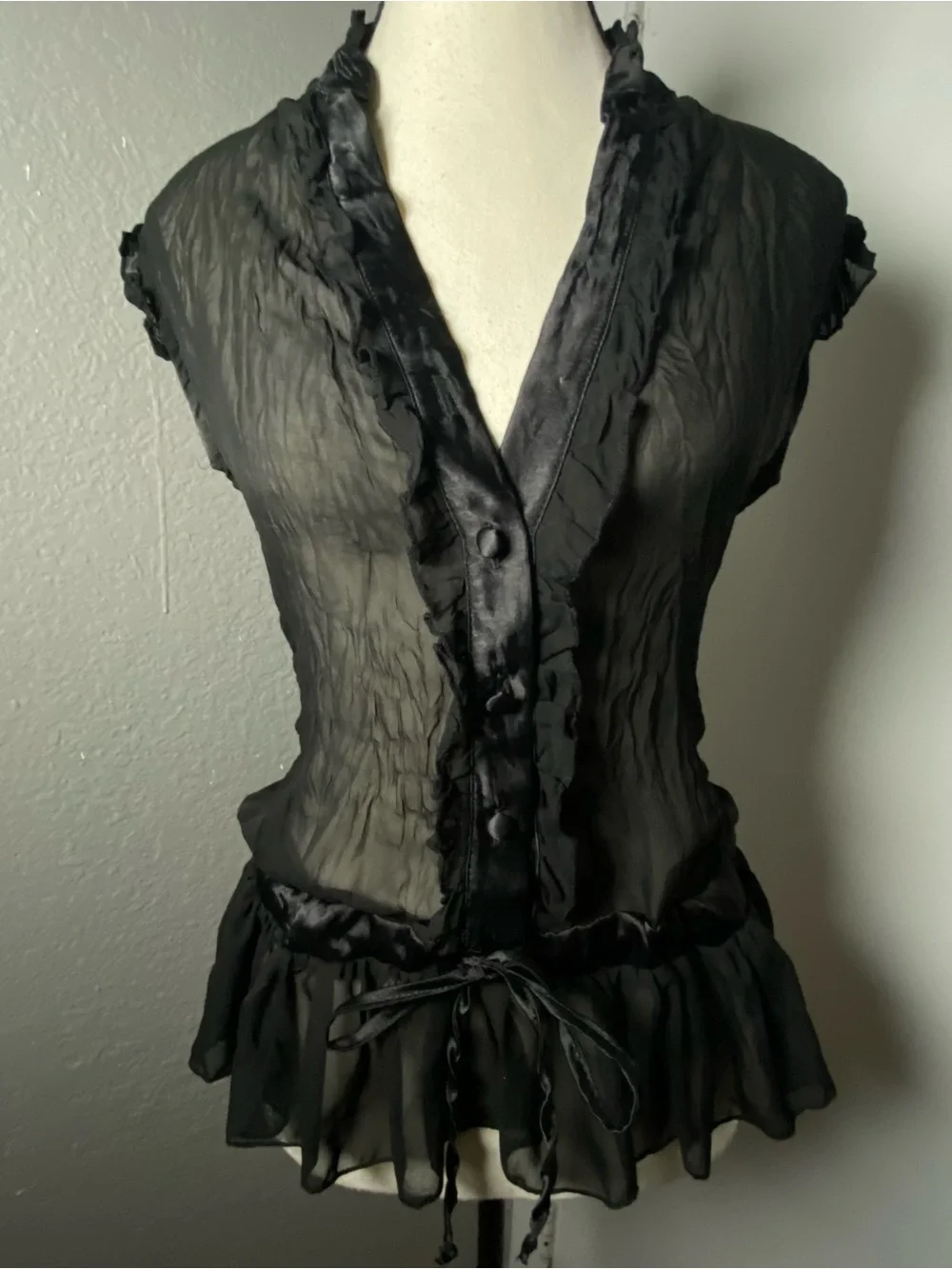 Y2K Whimsygoth Black Chiffon & Satin Drawstring Waist Blouse Size Medium